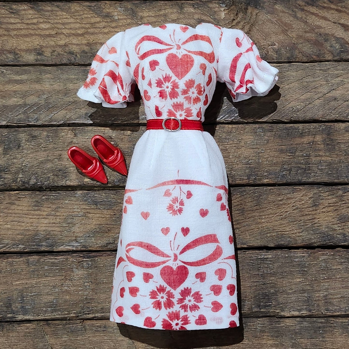 Red Hearts and Bows Dress for 11 1/2" fashion dolls, vintage hankie