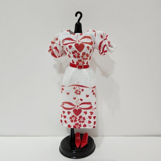 Red Hearts and Bows Dress for 11 1/2" fashion dolls, vintage hankie