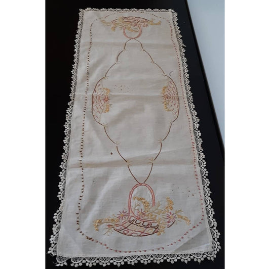 Vintage Autumn Toned Embroidered Table Runner/Dresser Scarf