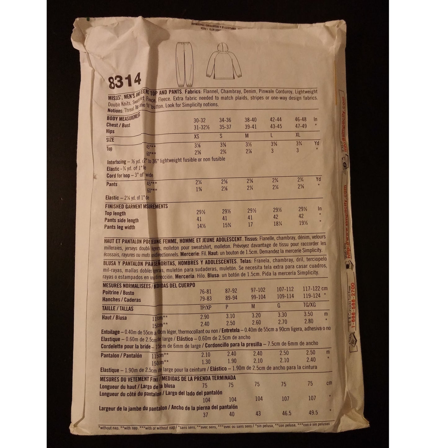 Easy Simplicity 8314 A(XS,S,M,L,XL) misses', men's, and teens' top and pants, uncut