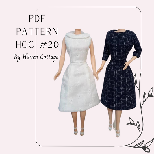HCC #20 PDF Pattern for 11 1/2" female fashion doll, yoked bodice dress with optional collar or sleeves, a-line skirt