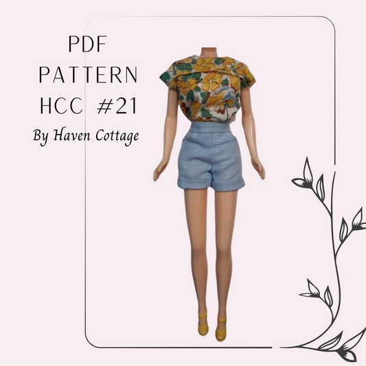 HCC #21 PDF Pattern for 11 1/2" female fashion doll, vintage style cuffed shorts and a simple blouse with top pleat