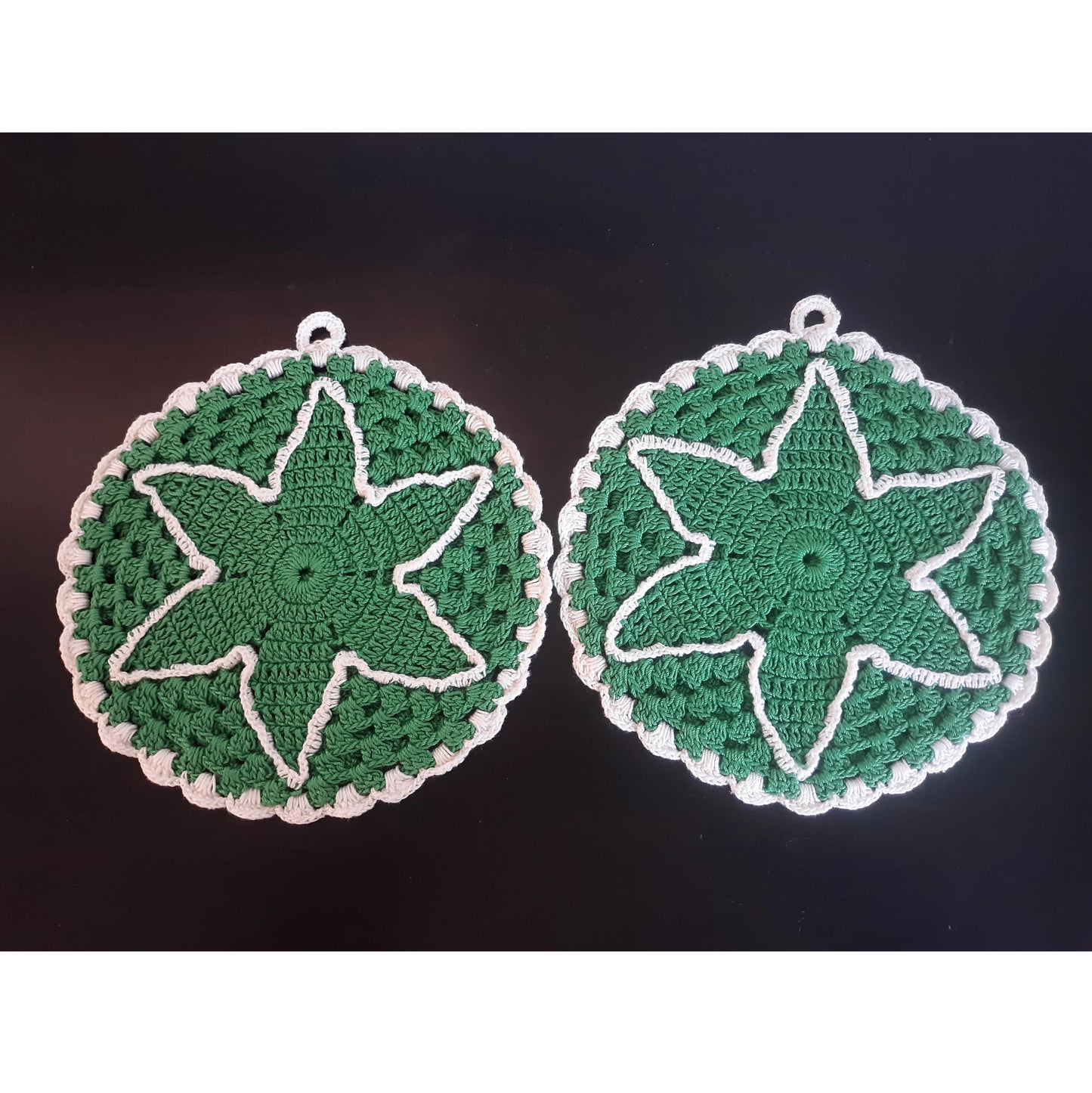 Green and White Vintage Crochet Potholders