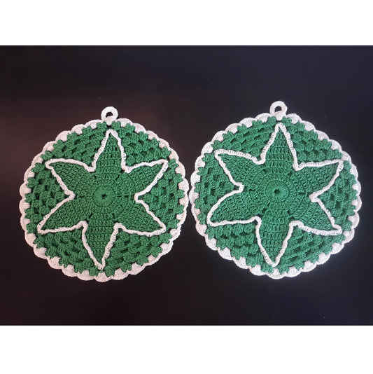 Green and White Vintage Crochet Potholders