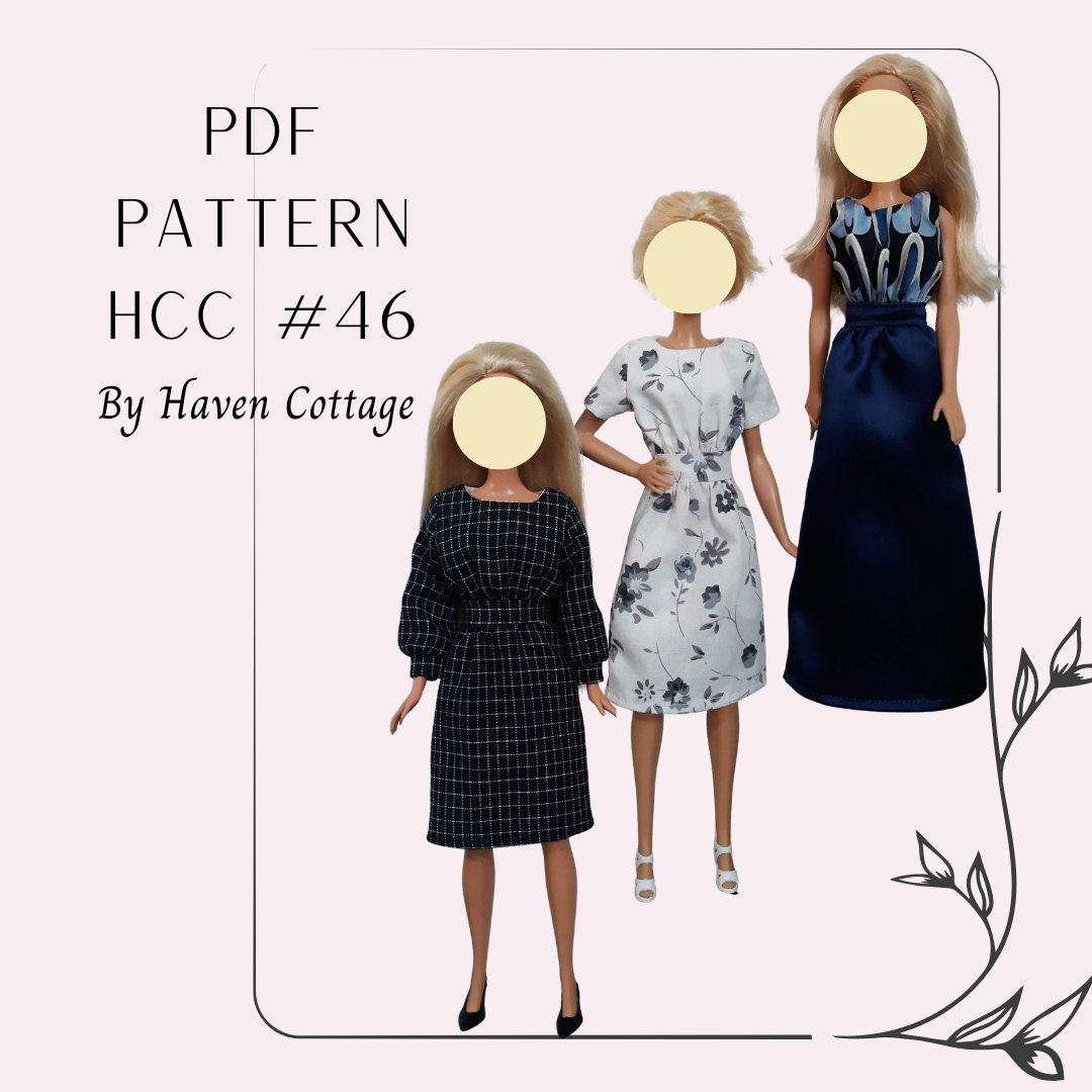HCC #46 PDF Pattern for 11 1/2" female fashion doll, simple dress with inset waist