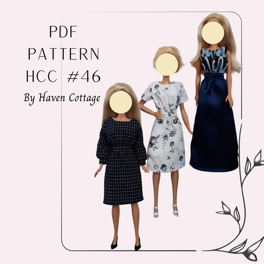 HCC #46 PDF Pattern for 11 1/2" female fashion doll, simple dress with inset waist