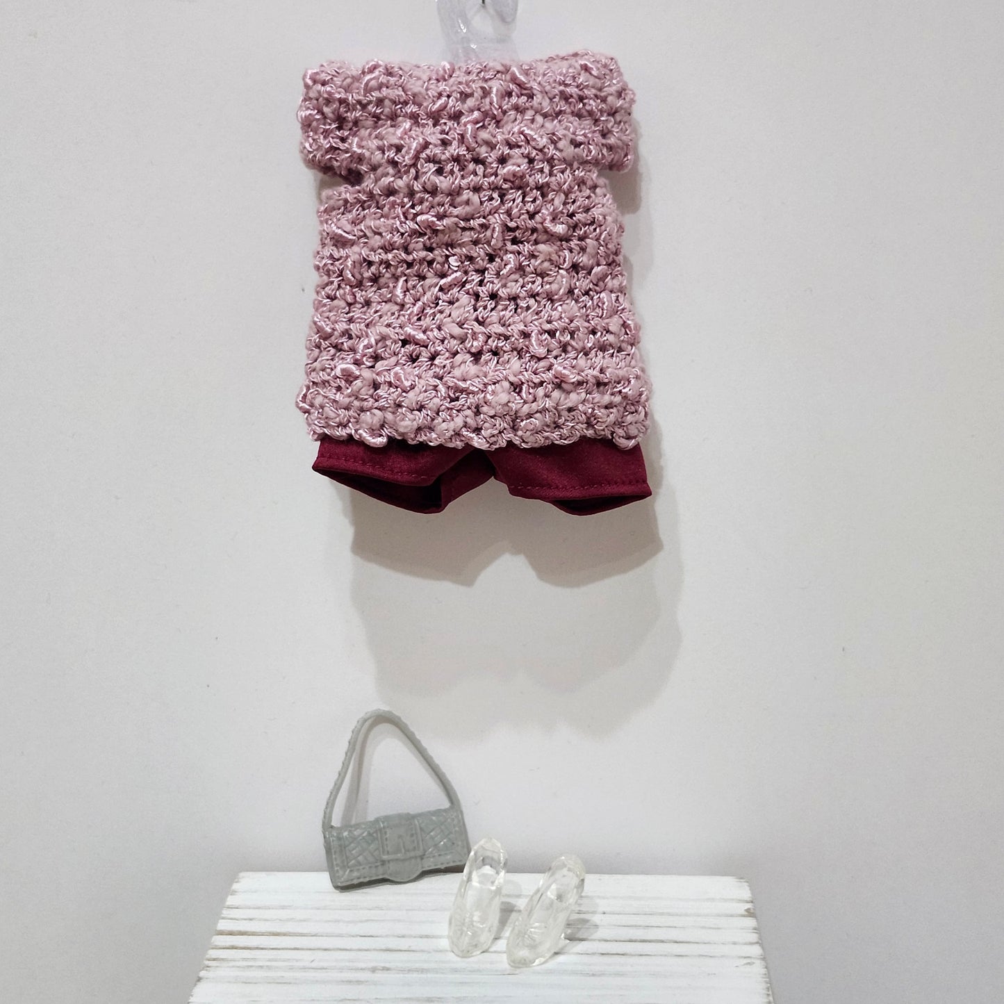 Hand Crocheted Sweater and Satin Shorts Outfit for 11 1/2" female fashion dolls