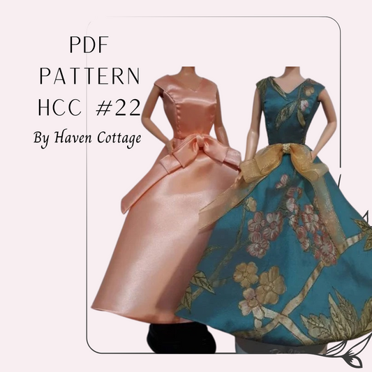 HCC #22 PDF Pattern for 11 1/2" female fashion doll, Formal Gown with Large Skirt Bow