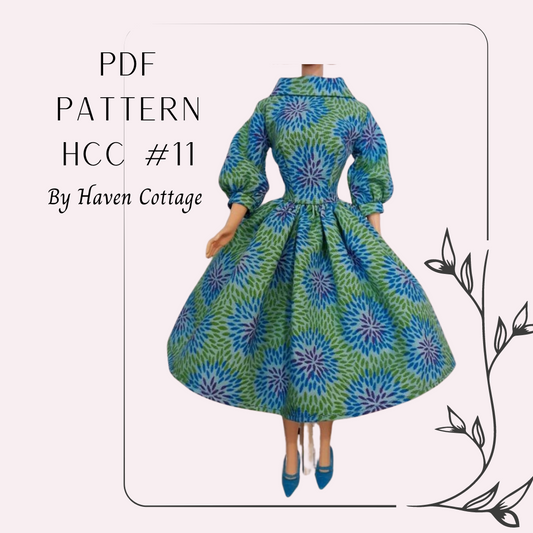 HCC #11 PDF Pattern for 11 1/2" female fashion doll, rolled collar dress