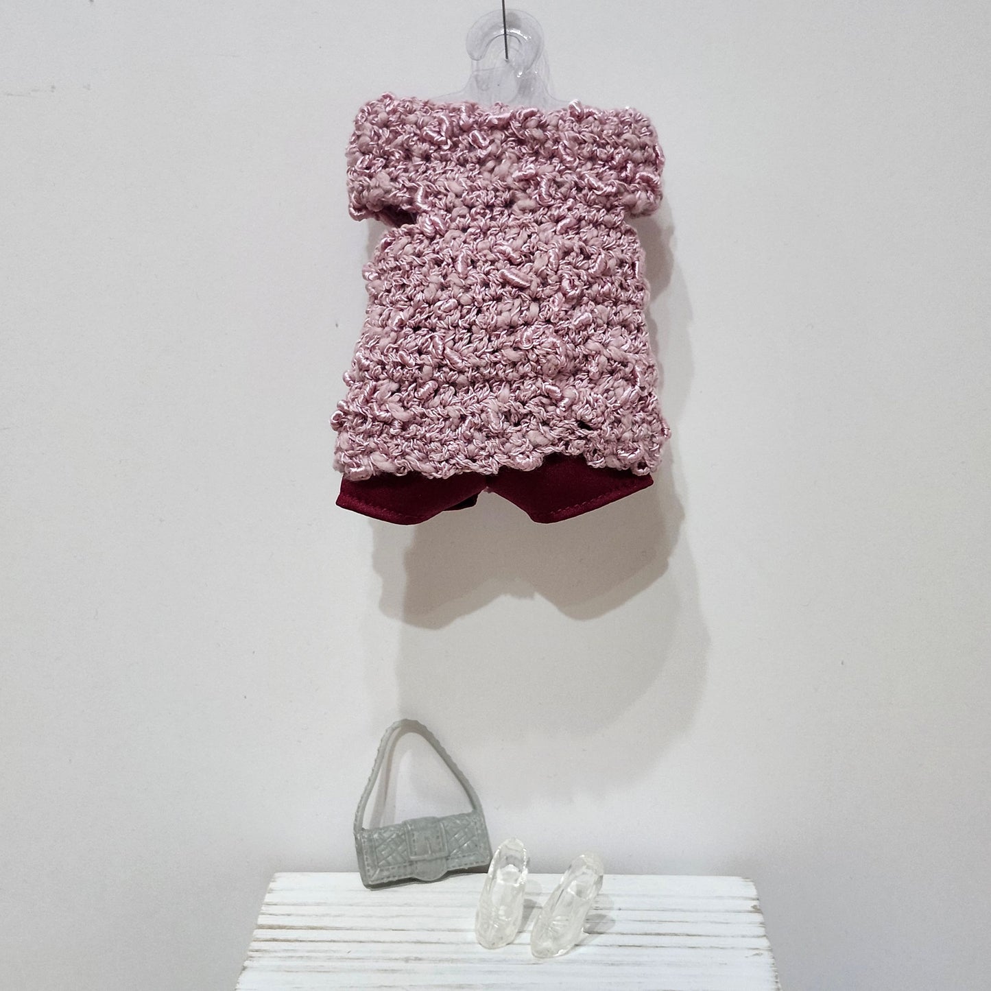 Hand Crocheted Sweater and Satin Shorts Outfit for 11 1/2" female fashion dolls