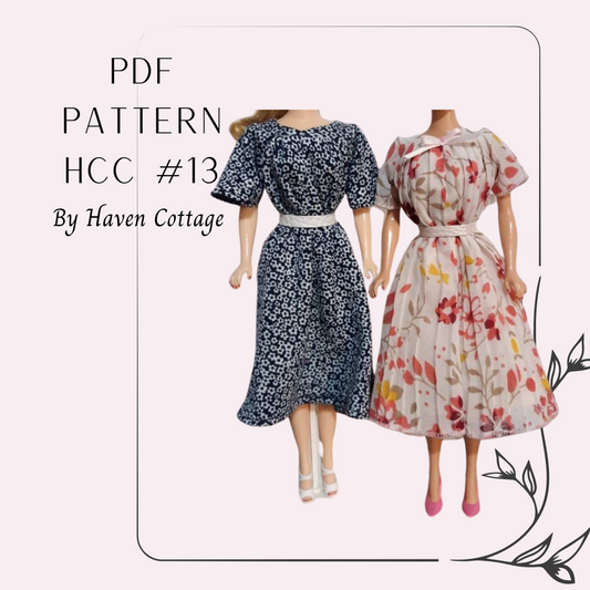 HCC #13 PDF Pattern for 11 1/2" female fashion doll, casual dress with neck band