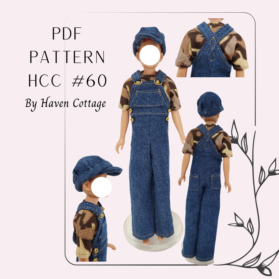 HCC #60 PDF Pattern for 9" boy fashion doll, Overalls, T-shirt, and Hat