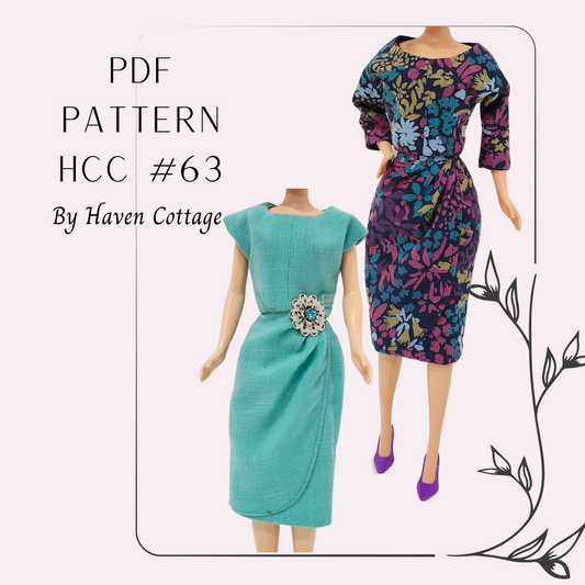 HCC #63 PDF Pattern for 11 1/2" female fashion doll, scoop neck dress with draped front skirt