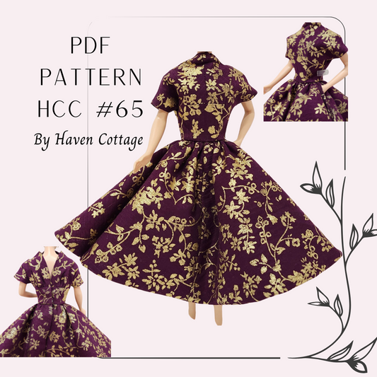 HCC #65 PDF Pattern for 11 1/2" female fashion doll, high front drape neck with deep vee back dress