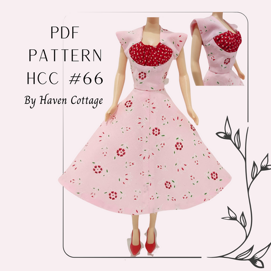 HCC #66 PDF Pattern for 11 1/2" female fashion doll, gathered inset bodice dress