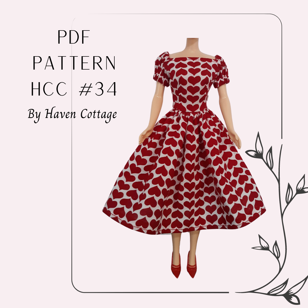 HCC #34 PDF Pattern for 11 1/2" female fashion doll, raglan puff sleeve party dress