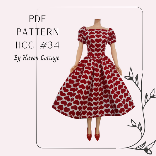 HCC #34 PDF Pattern for 11 1/2" female fashion doll, raglan puff sleeve party dress