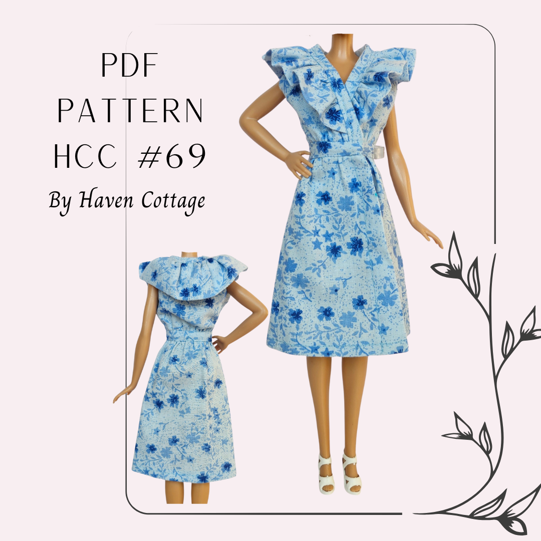 HCC #69 PDF Pattern for 11 1/2" fashion doll, crossover front dress with neck ruffle