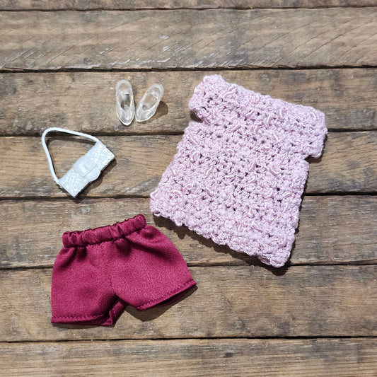 Hand Crocheted Sweater and Satin Shorts Outfit for 11 1/2" female fashion dolls