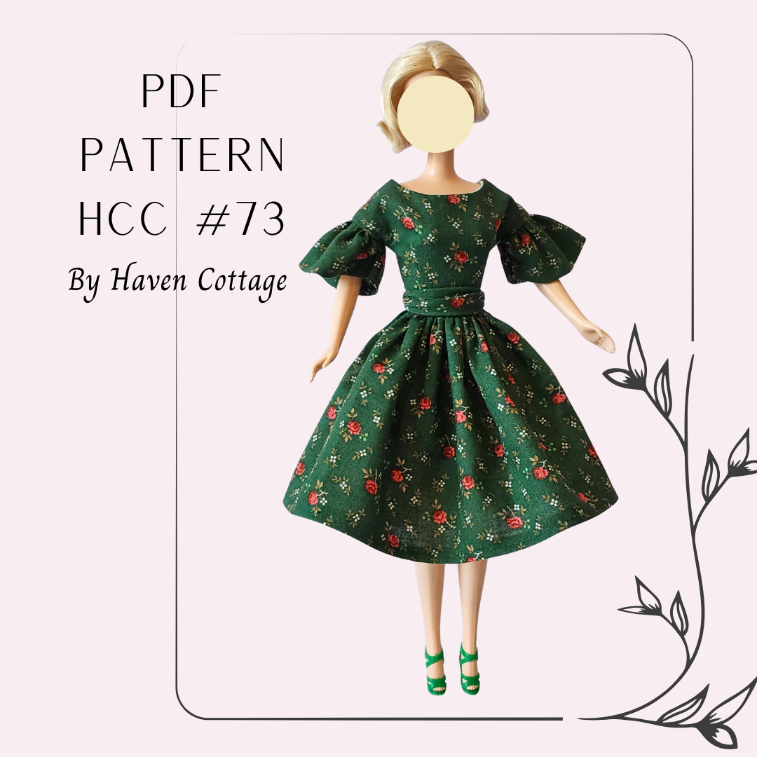 HCC #73 PDF Pattern for 11 1/2" fashion doll, drop shoulder ruffle sleeve dress with cummerbund belt