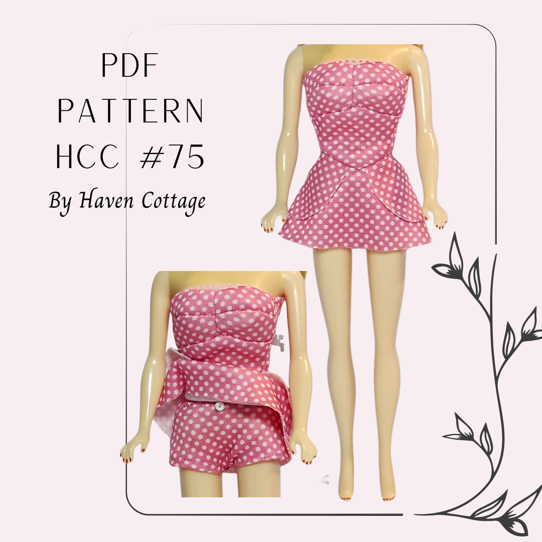 HCC #75 PDF Pattern for 11 1/2" doll, skirted two piece swimsuit