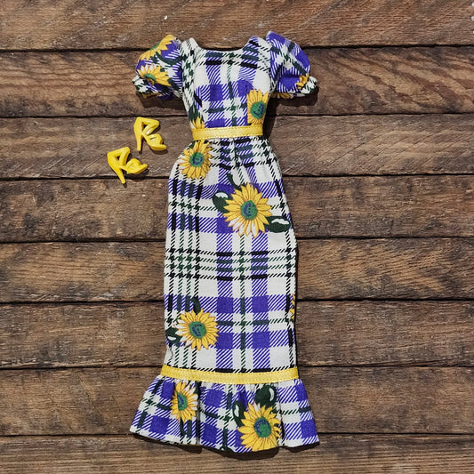 Sunflower and Plaid Maxi Dress for 11 1/2" female fashion dolls