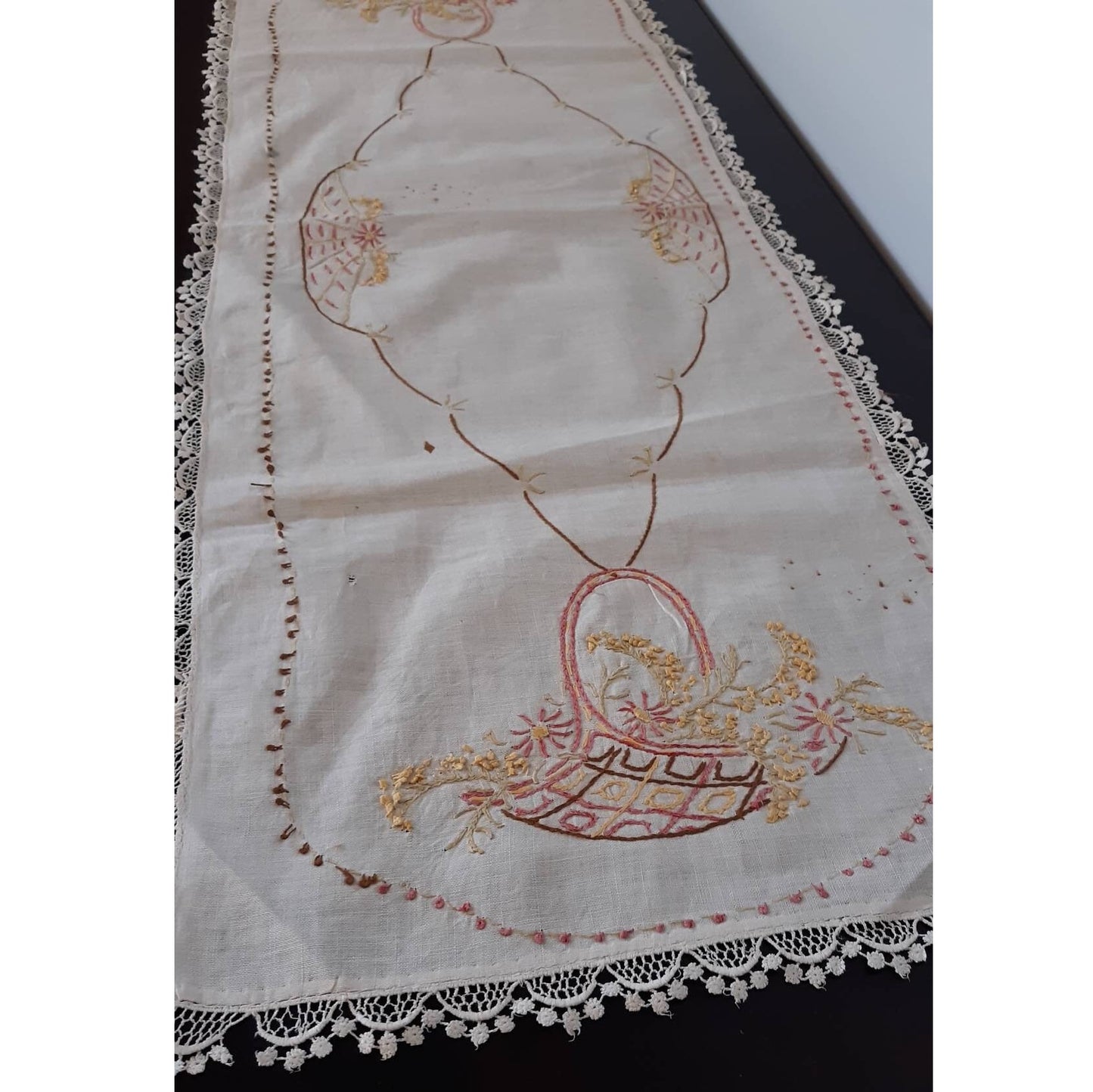 Vintage Autumn Toned Embroidered Table Runner/Dresser Scarf