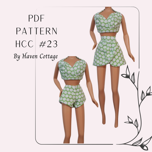 HCC #23 PDF Pattern for 11 1/2" doll, two piece swimsuit with coverup skirt
