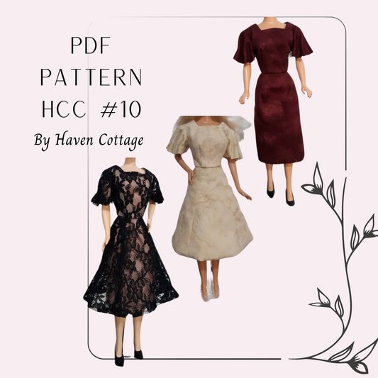 HCC #10 PDF Pattern for 1:6 female fashion doll, Flutter Sleeve Dress 3 ways