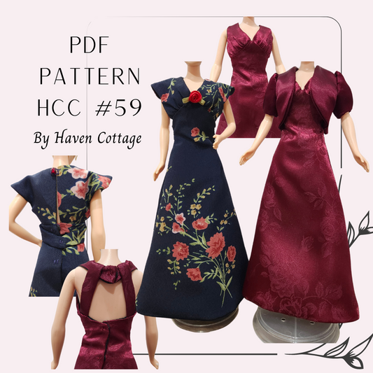 HCC #59 PDF Pattern for 11 1/2" female fashion doll, 1930's Inspired Evening Gown in 2 styles, plus jacket