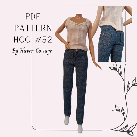 HCC #52 PDF Pattern for 1:6 female fashion doll, jeans and tank top
