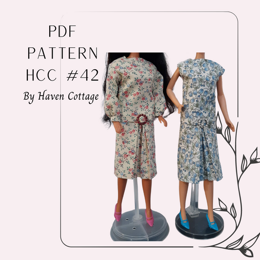 HCC #42 PDF Pattern for 11 1/2" female fashion doll, 1920's style dress with long or short sleeve and pleated front skirt