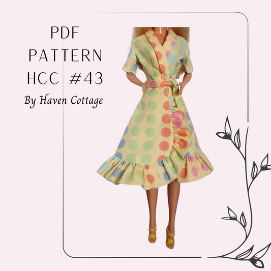 HCC #43 PDF Pattern for 11 1/2" female fashion doll, wrap front dress with ruffle skirt