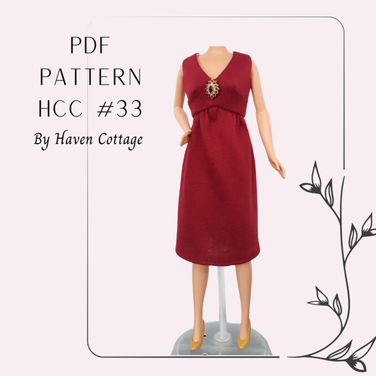 HCC #33 PDF Pattern for 11 1/2" female fashion doll, soft knit party dress