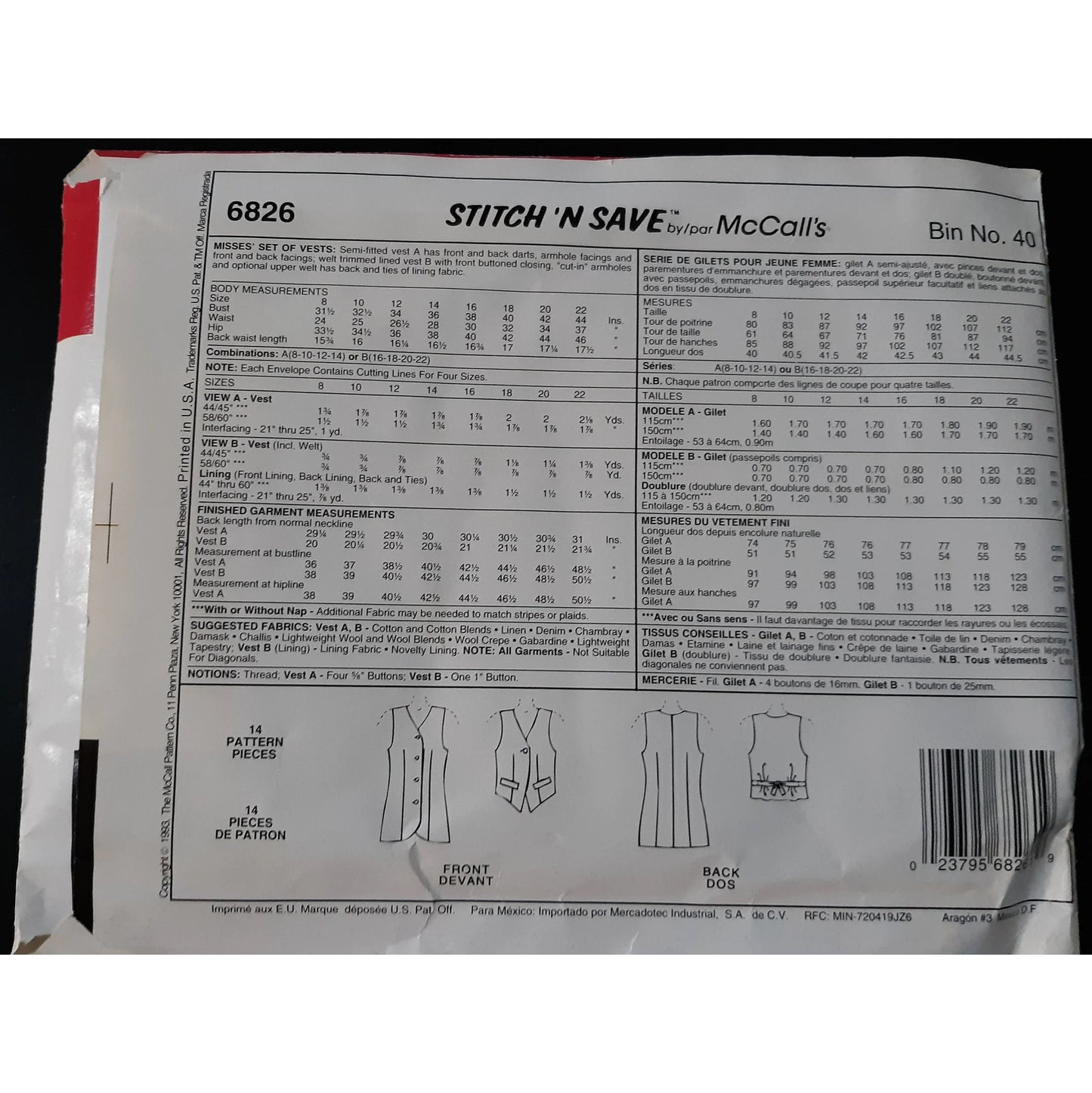 Easy Stitch 'N Save by McCall's 6826 (8-10-12-14) pattern for misses set of vests, uncut