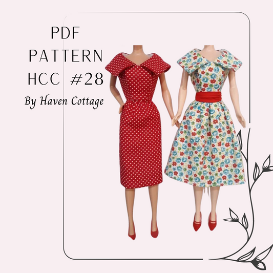 HCC #28 PDF Pattern for 11 1/2" female fashion doll, dress with large portrait collar and pleated or slim skirt, cummerbund belt