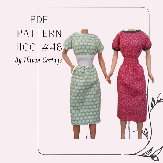 HCC #48 PDF Pattern for 11 1/2" female fashion doll, short sleeve midriff dress with slim skirt
