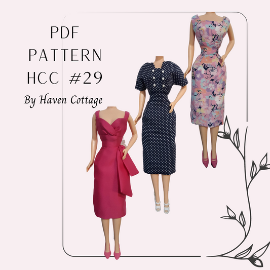 HCC #29 PDF Pattern for 11 1/2" female fashion doll, midriff dress with 3 bodice styles and one basic skirt