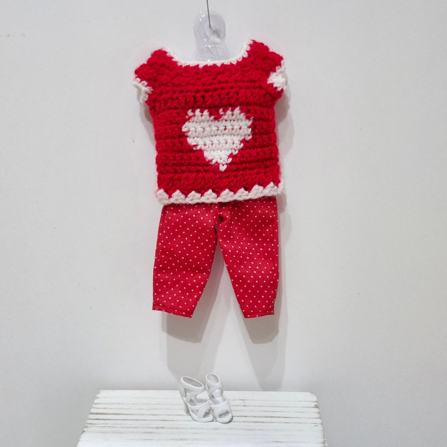 Hand Crocheted Heart Sweater and Polka Dot Shorts for 11 1/2" female fashion dolls