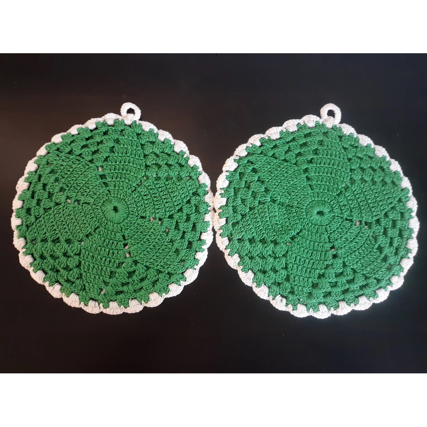 Green and White Vintage Crochet Potholders