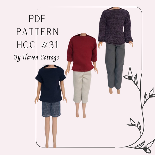HCC #31 PDF Pattern for 9" boy fashion doll, Boat Neck T- Shirt and Pants in 3 lengths