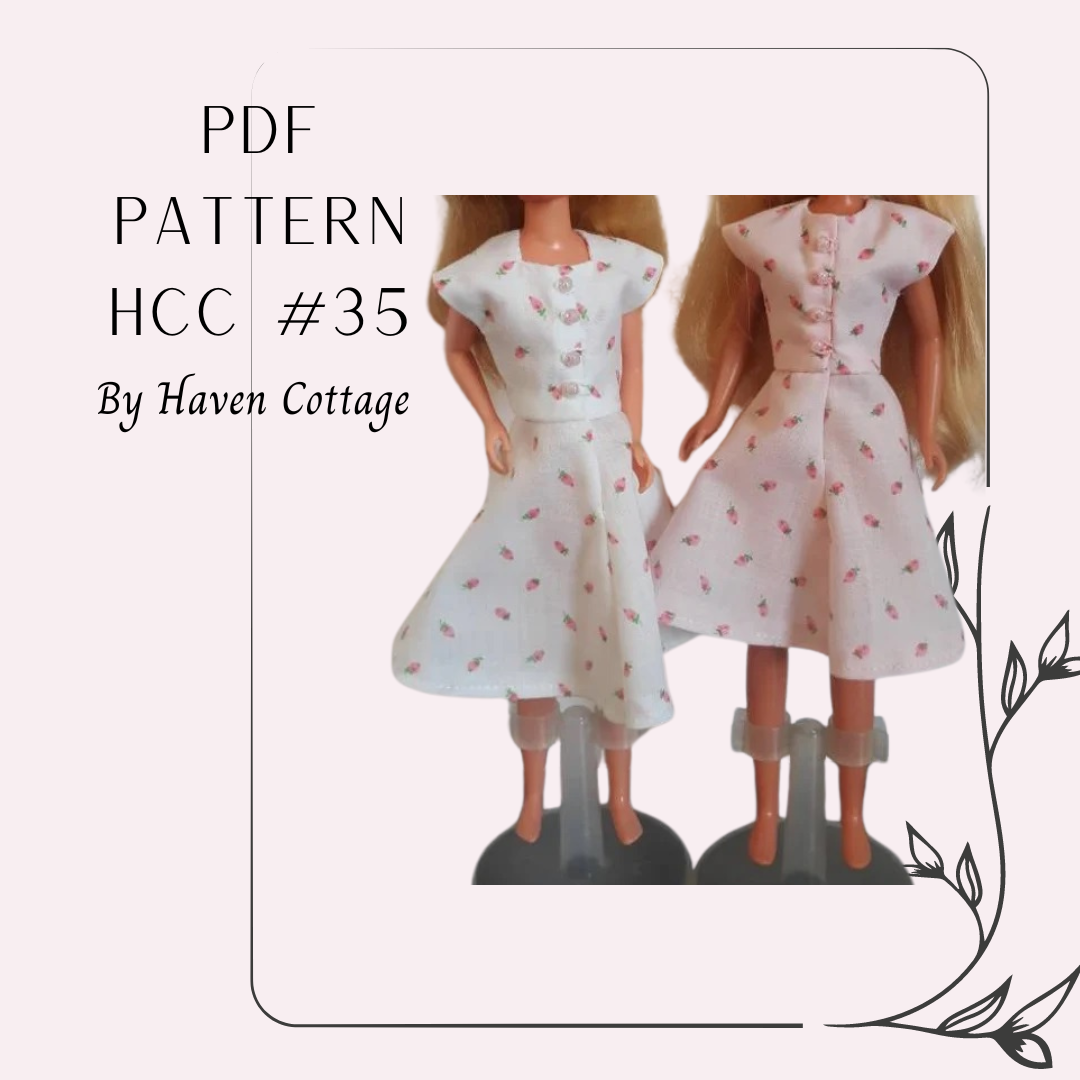 HCC #35 PDF Pattern for 9" girl fashion doll, Round or Square Neck Button Down Dress