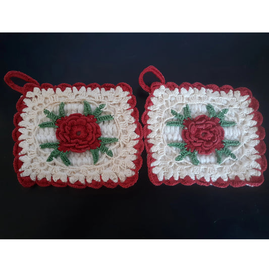 Red Rose Vintage Crochet Pot Holders