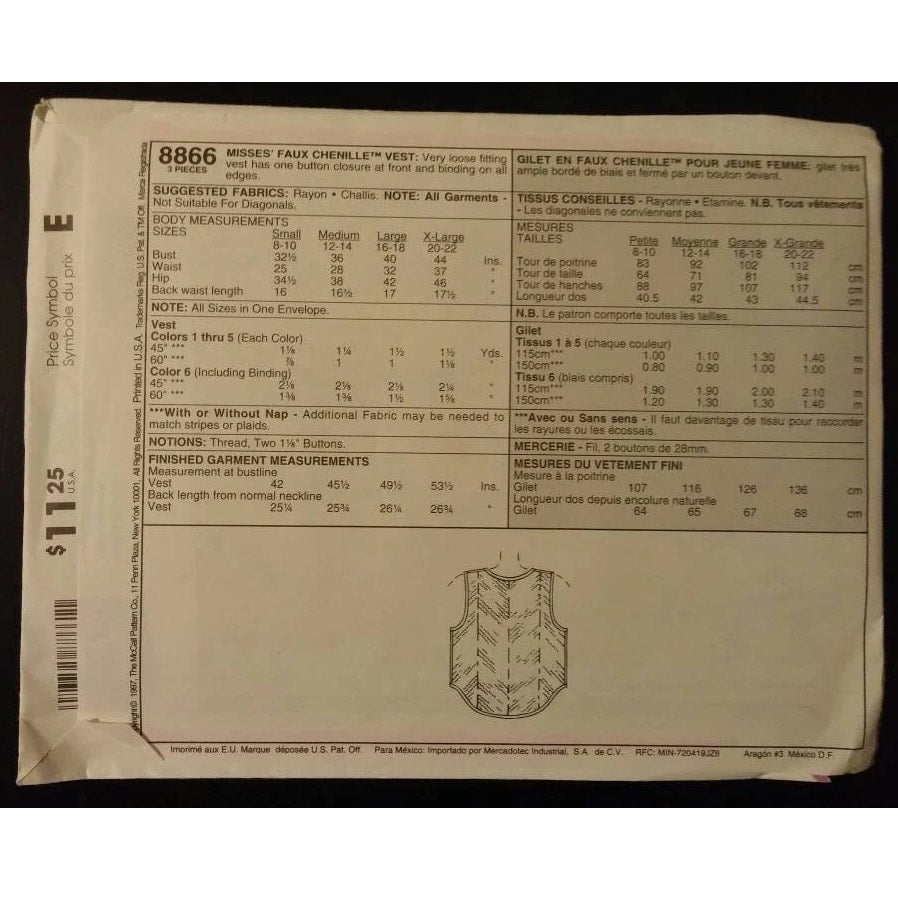 McCall's 8866 (sm, med, lg, xl) vest pattern, uncut