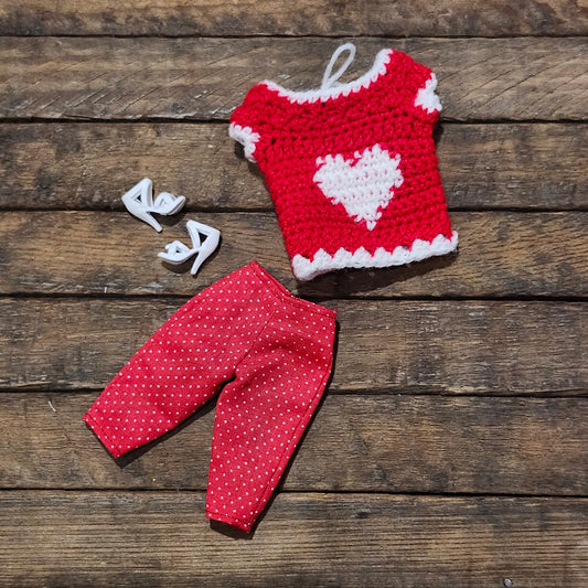 Hand Crocheted Heart Sweater and Polka Dot Shorts for 11 1/2" female fashion dolls