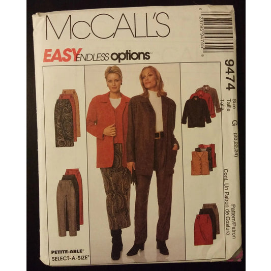 McCall's 9474 (20-22-24) Endless Options jacket, vest, pants, and skirt pattern, uncut
