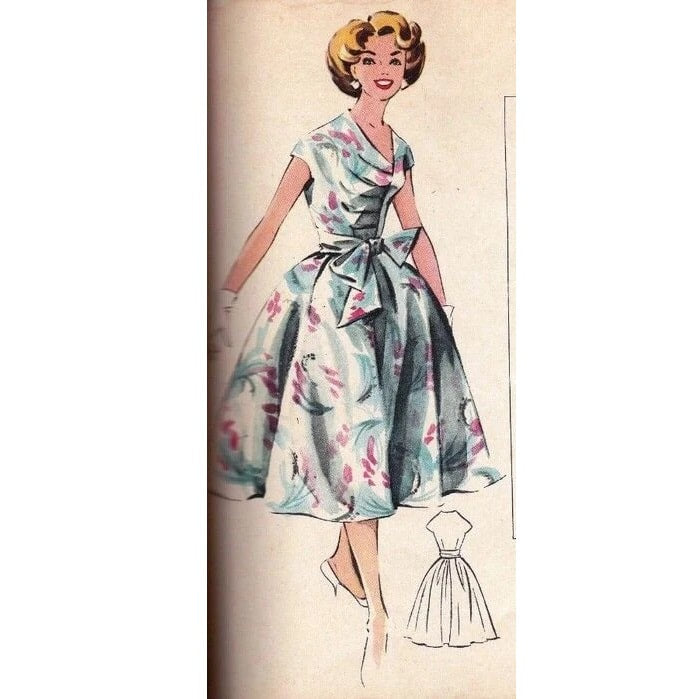 HCC #19 PDF Pattern for 1:6 female fashion doll, pleated asymmetrical bodice dress with full gathered skirt