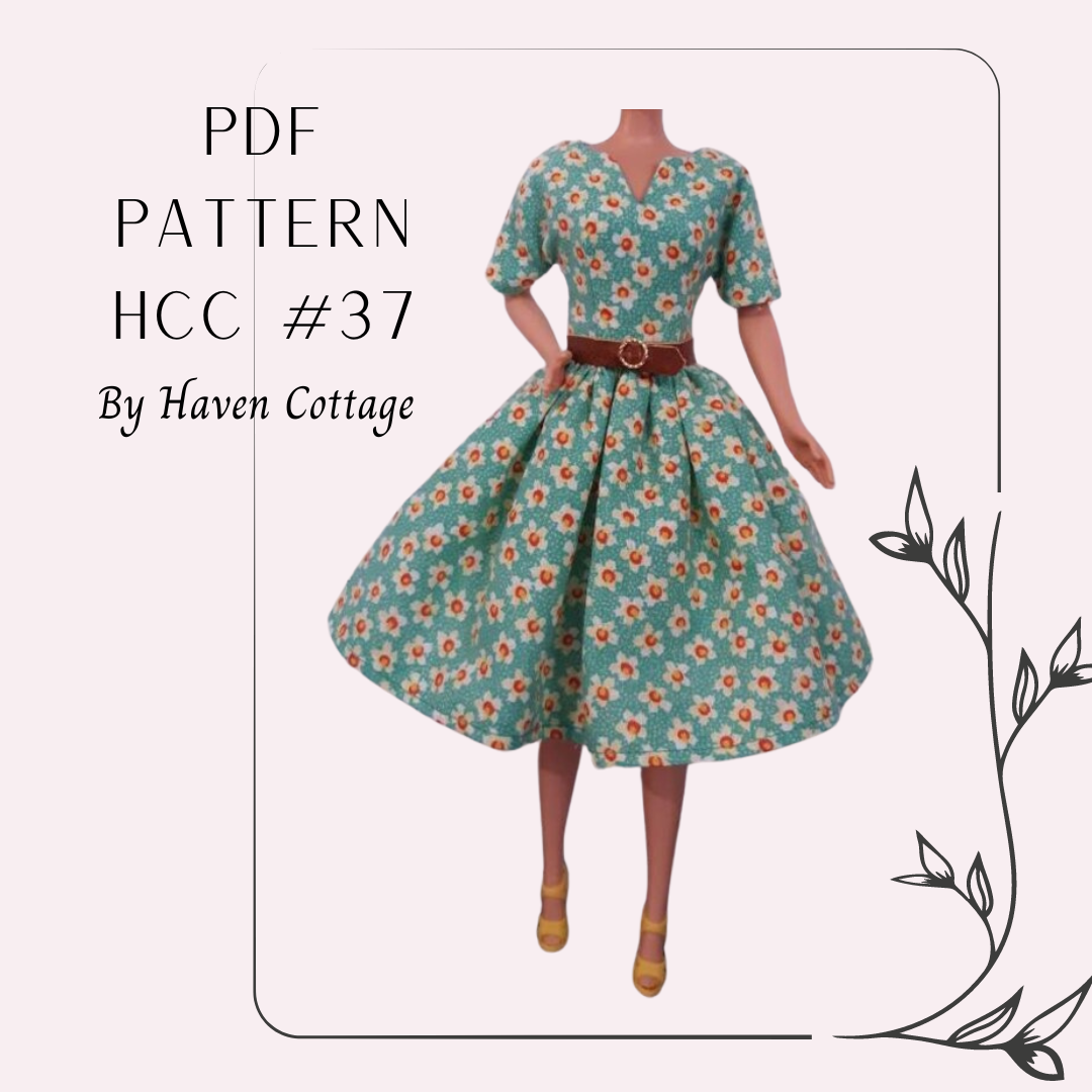 HCC #37 PDF Pattern for 11 1/2" female fashion doll, split neck dress with full gathered skirt