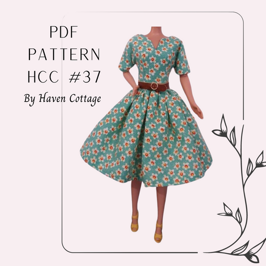 HCC #37 PDF Pattern for 11 1/2" female fashion doll, split neck dress with full gathered skirt
