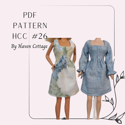 HCC #26 PDF Pattern for 11 1/2" female fashion doll, pleated bodice dress with waist ties